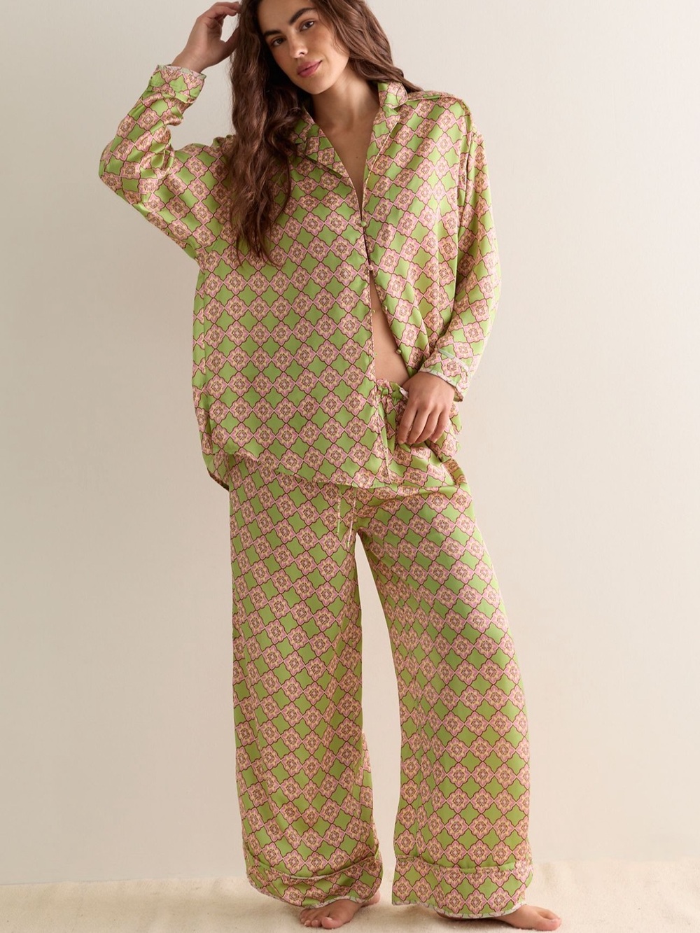 NWT Free People Dreamy Days Pajama Set in Geo - Herbal Green Combo